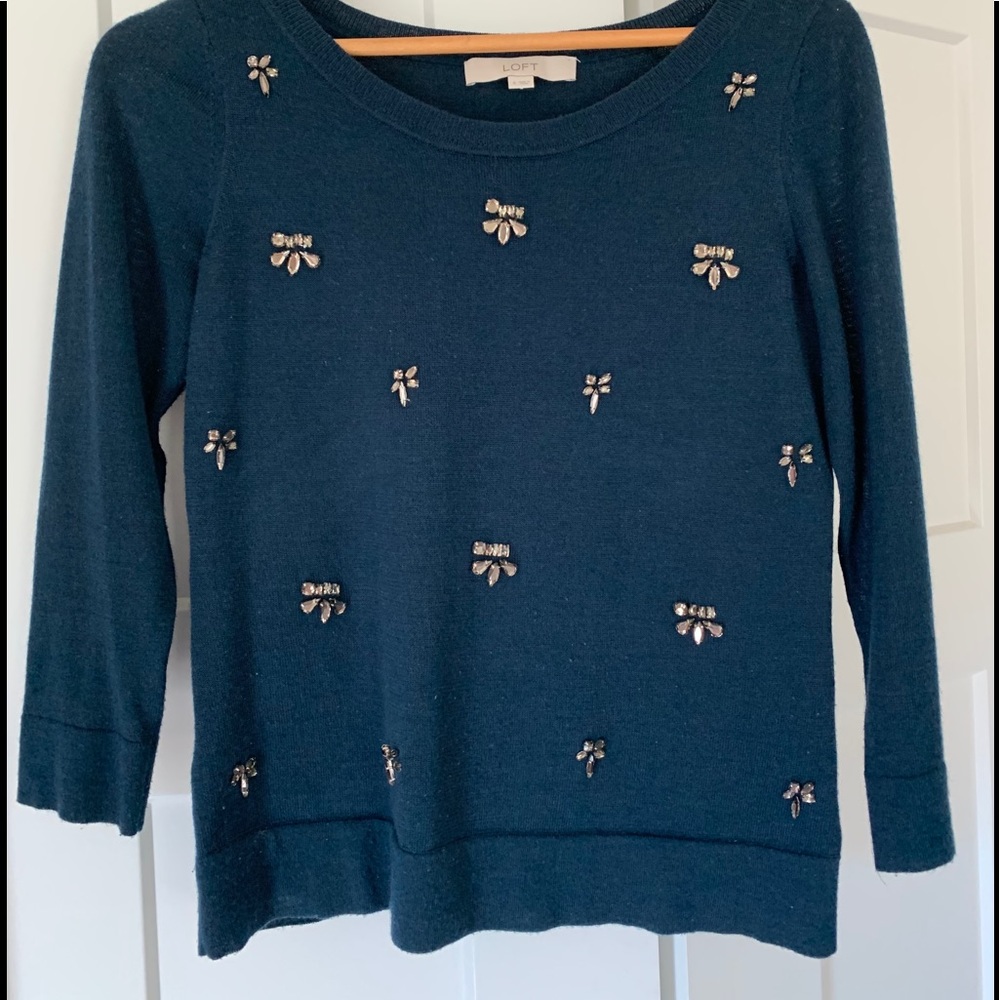 Loft size S 3/4 sleeve jeweled navy sweater EUC